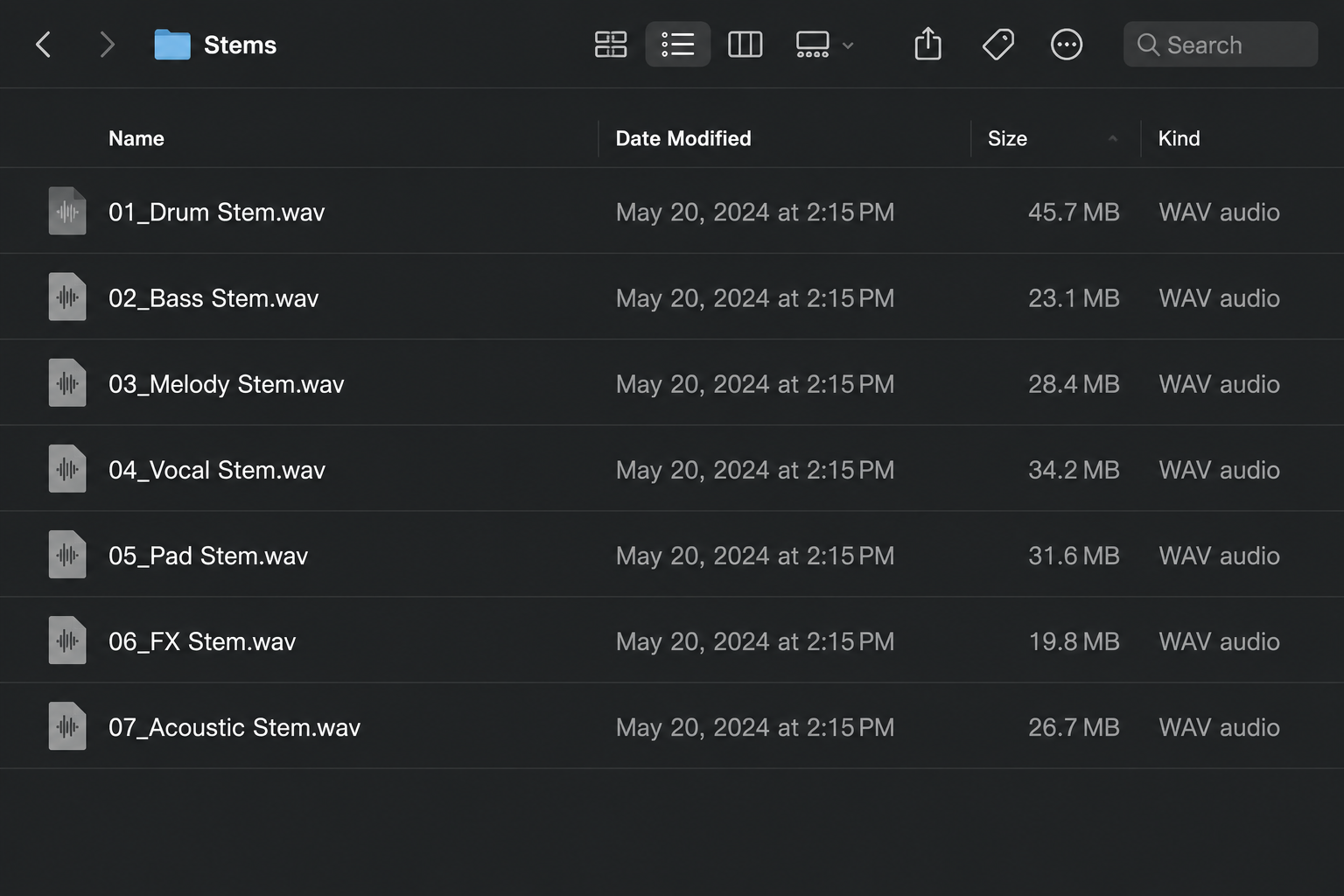 Organized stem export folder showing 7 labeled WAV files ready for mastering handoff