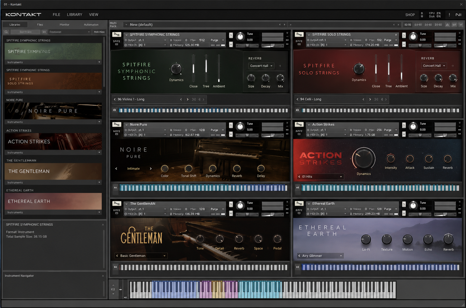 Heavy Kontakt session showing multiple instruments loaded — this is what 32GB RAM looks like in use